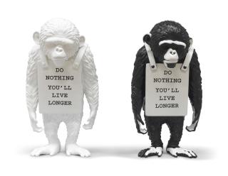 Banksy - Monkey Sign - Do Nothing You\'ll Live Longer (Black); & Monkey Sign - Do Nothing You\'ll Live Longer (White)
