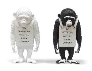 Banksy - Monkey Sign – Do Nothing You\'Ll Live Longer (Black; White) (Set Of Two Pieces)(Executed In 2016)
