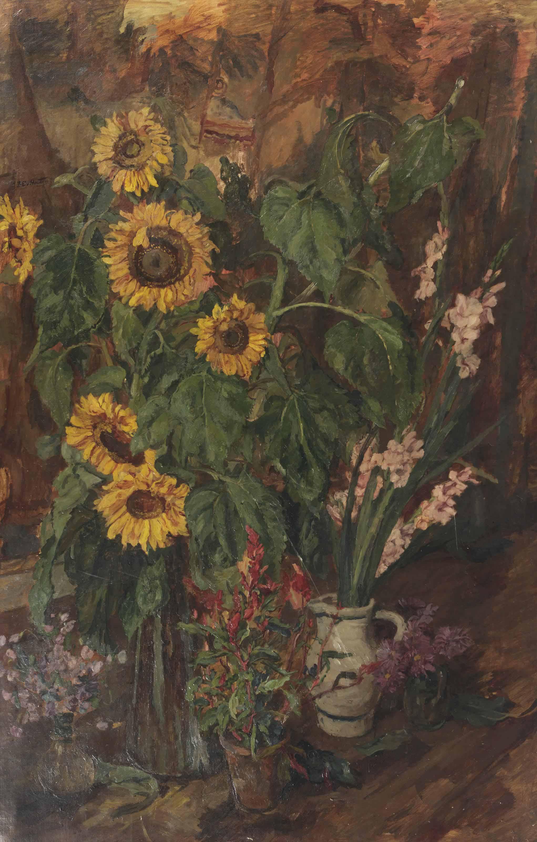Barbara Elisabeth van Houten - A Still Life With Sunflowers And Gladioli