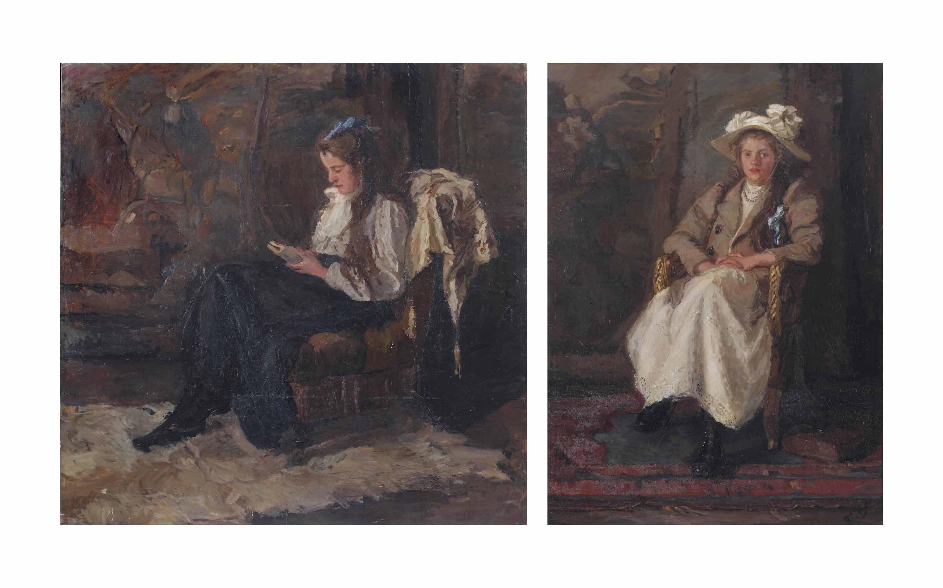 Barbara Elisabeth Van Houten - Girl with a blue ribbon reading; and Girl with a white bonnet