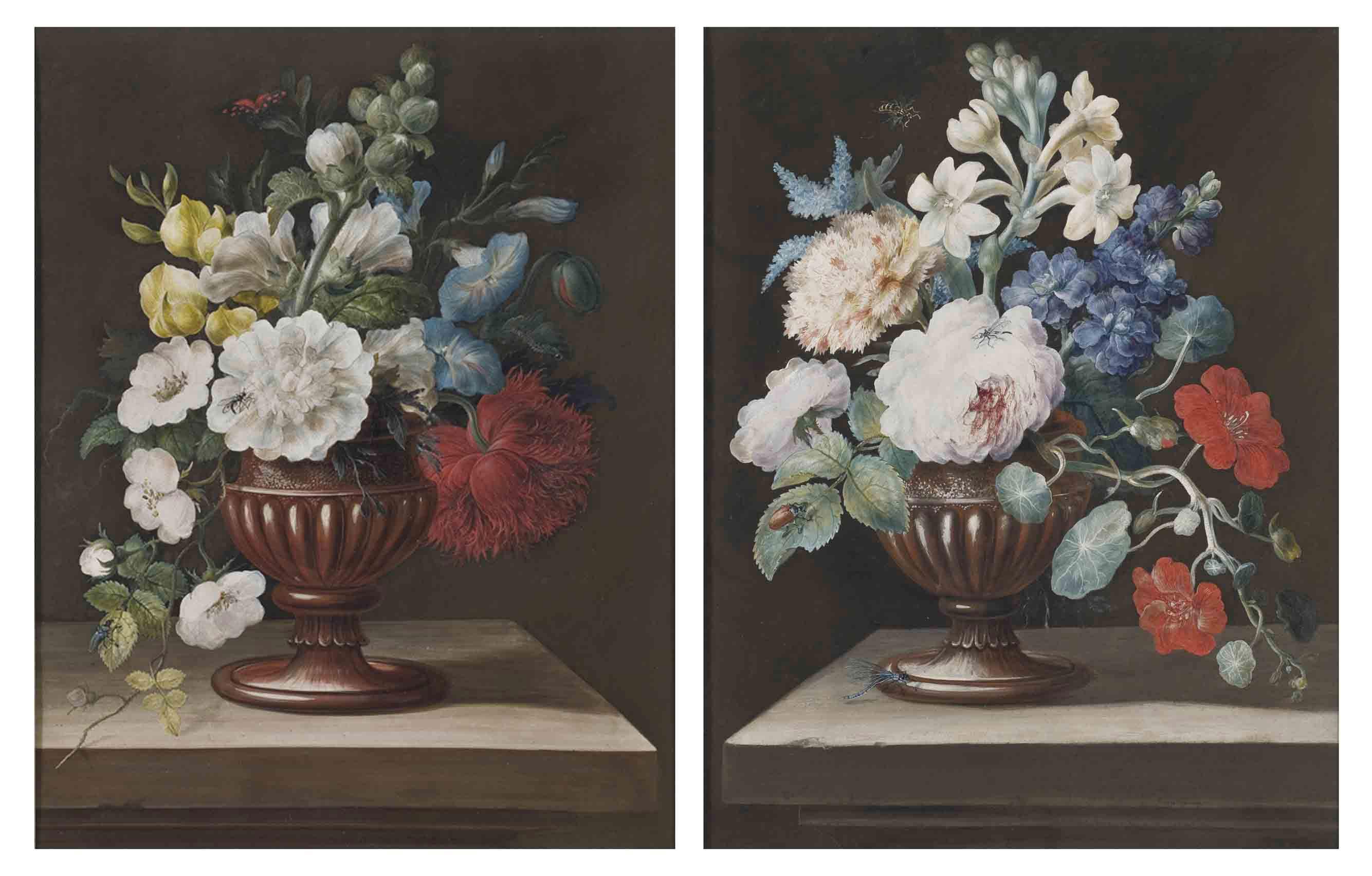 Barbara Regina Dietzsch - A spray of white briar roses, a yellow-white delphinium, morning glory and red poppy in a vase on a ledge, with a burnet moth; and A white carnation, stephanotis, blue delphinium, lilac and nasturtium in a vase on a ledge