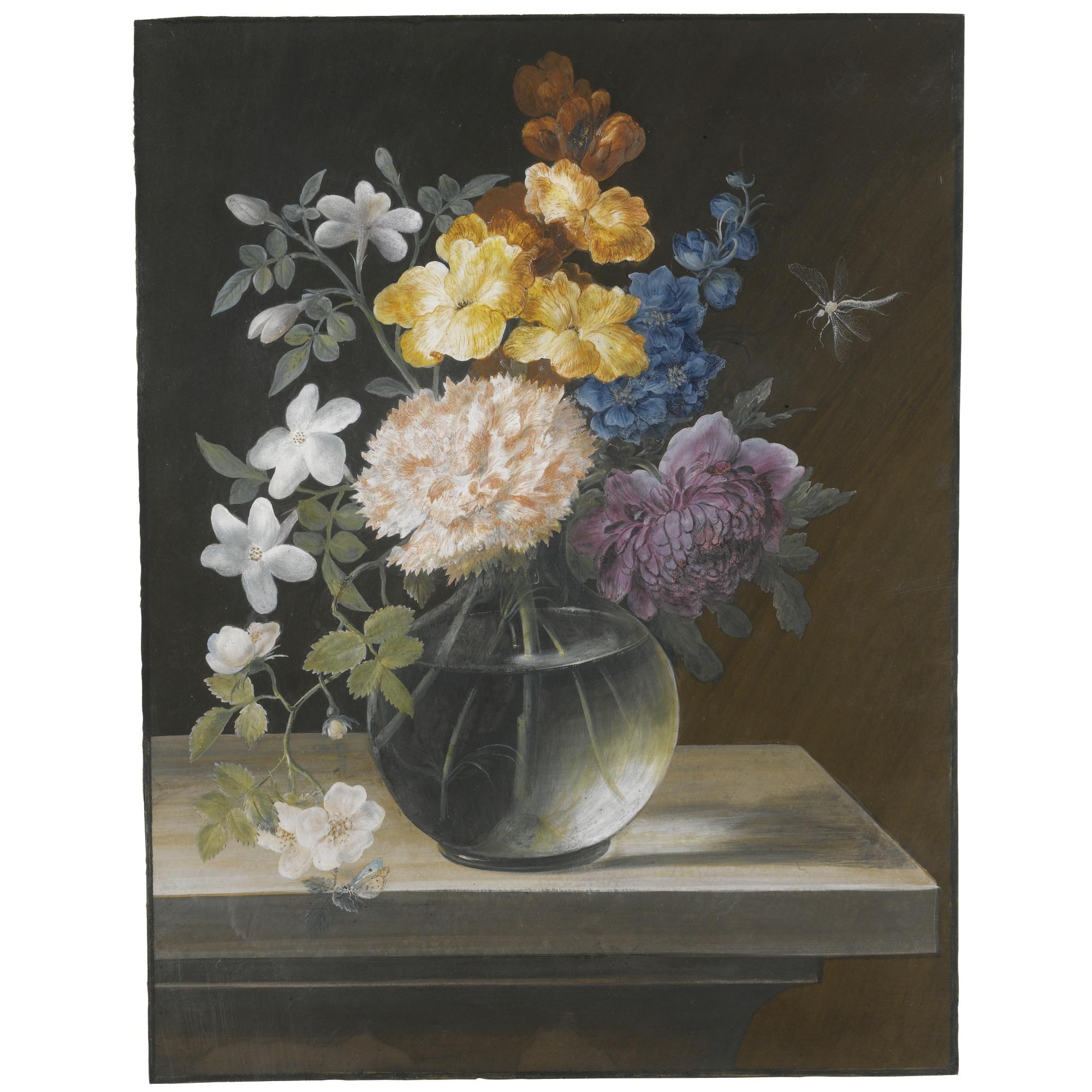 Barbara Regina Dietzsch - Still Life With A Carnation, Briar Rose And Other Flowers In A Glass Vase