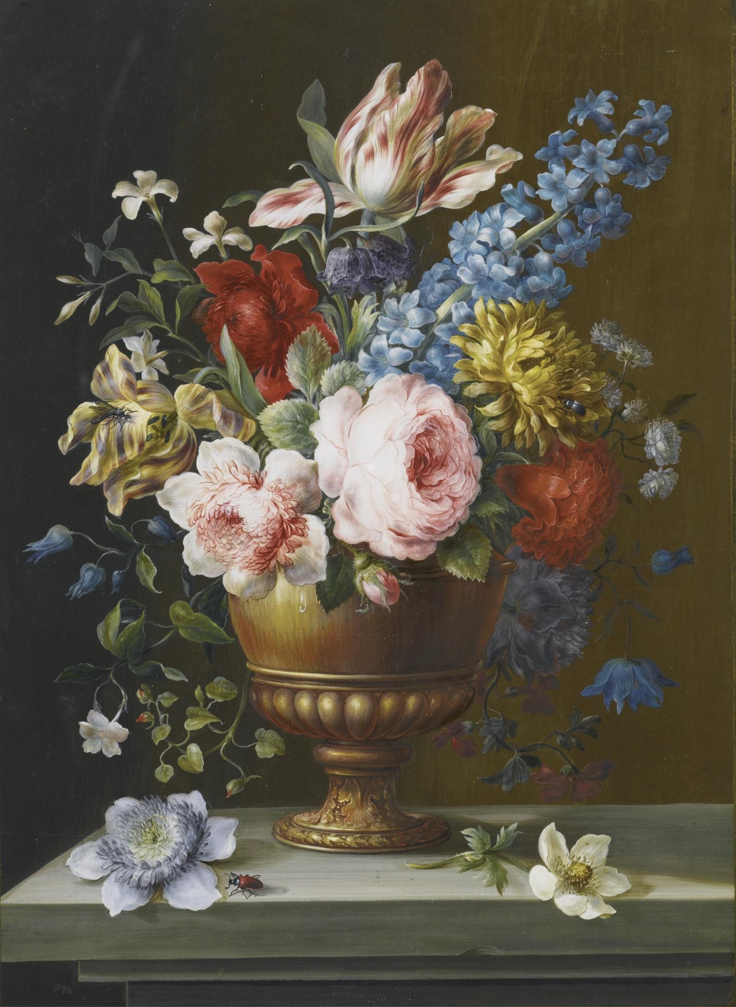 Barbara Regina Dietzsch - Still Life With A Rose, Hyacinth And Parrot Tulips