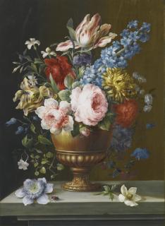 Barbara Regina Dietzsch - Still Life With A Rose, Hyacinth And Parrot Tulips