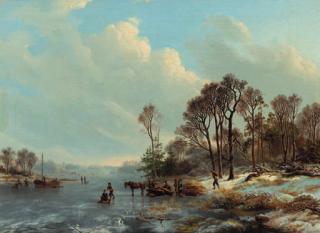 Barend Cornelis Koekkoek - A frozen waterway with figures and foresters
