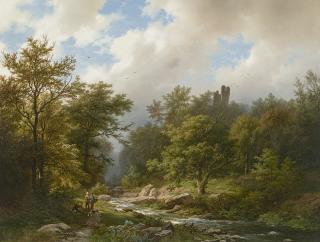 Barend Cornelis Koekkoek - A Hunter and Hounds in a Wooded River Landscape with a Castle Beyond