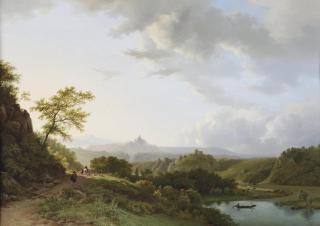 Barend Cornelis Koekkoek - A panoramic summer landscape with travellers and a castle ruin in the distance