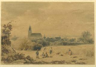 Barend Cornelis Koekkoek - A panoramic view of a town in a valley