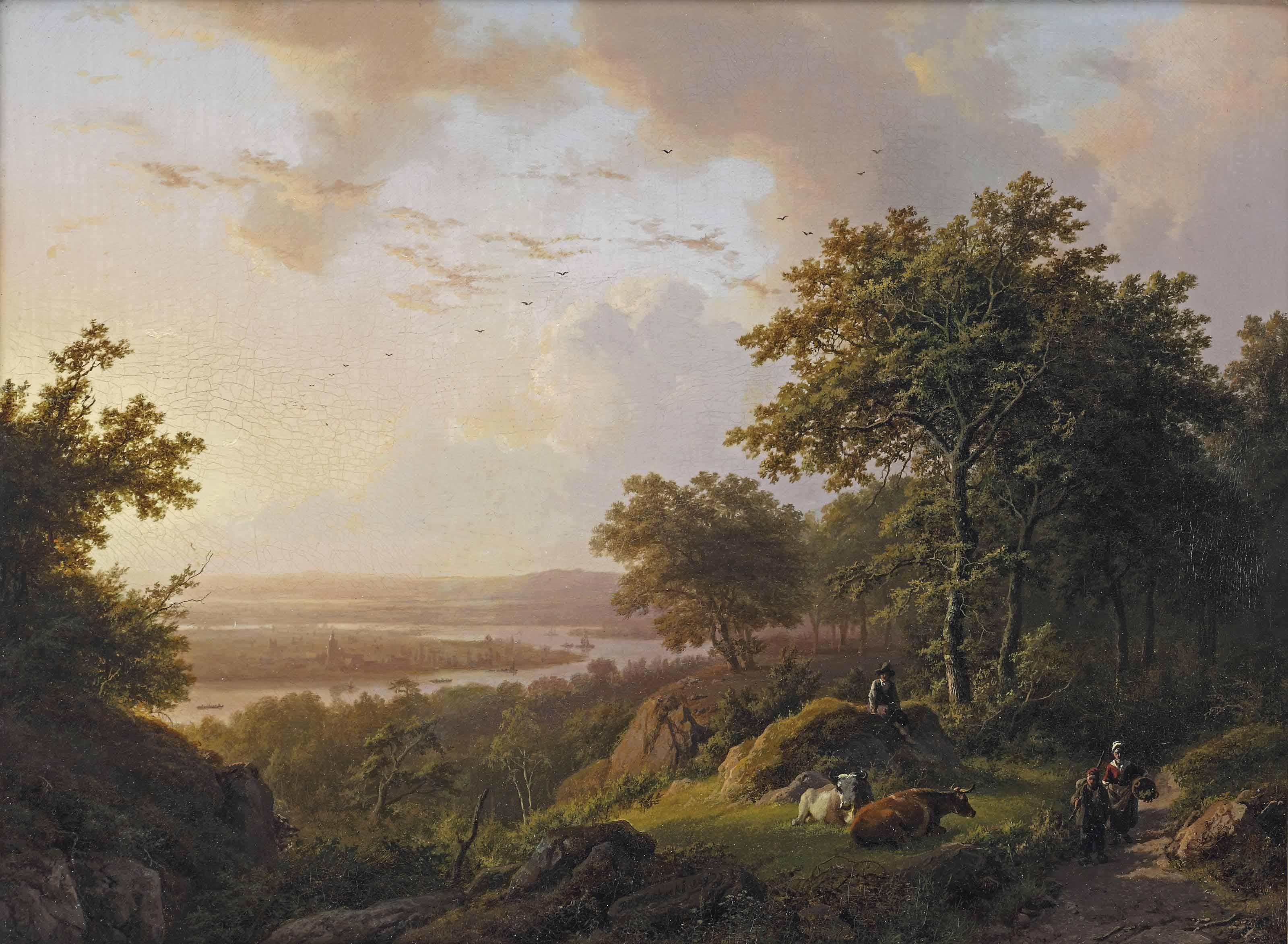 Barend Cornelis Koekkoek - A Rhine Landscape In The Evening