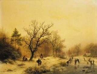 Barend Cornelis Koekkoek - A snow-covered forest with skaters on a frozen waterway