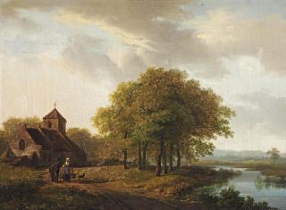 Barend Cornelis Koekkoek - A summer landscape with figures near a stream, a church behind