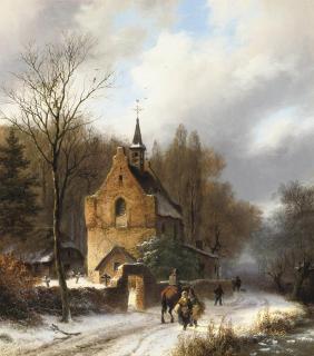 Barend Cornelis Koekkoek - A winter landscape with a chapel, a horseman and travellers on a path