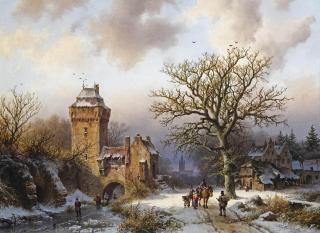 Barend Cornelis Koekkoek - A winter landscape with figures conversing on a snowy path and skaters on a frozen canal at the entrance of a fortified tower