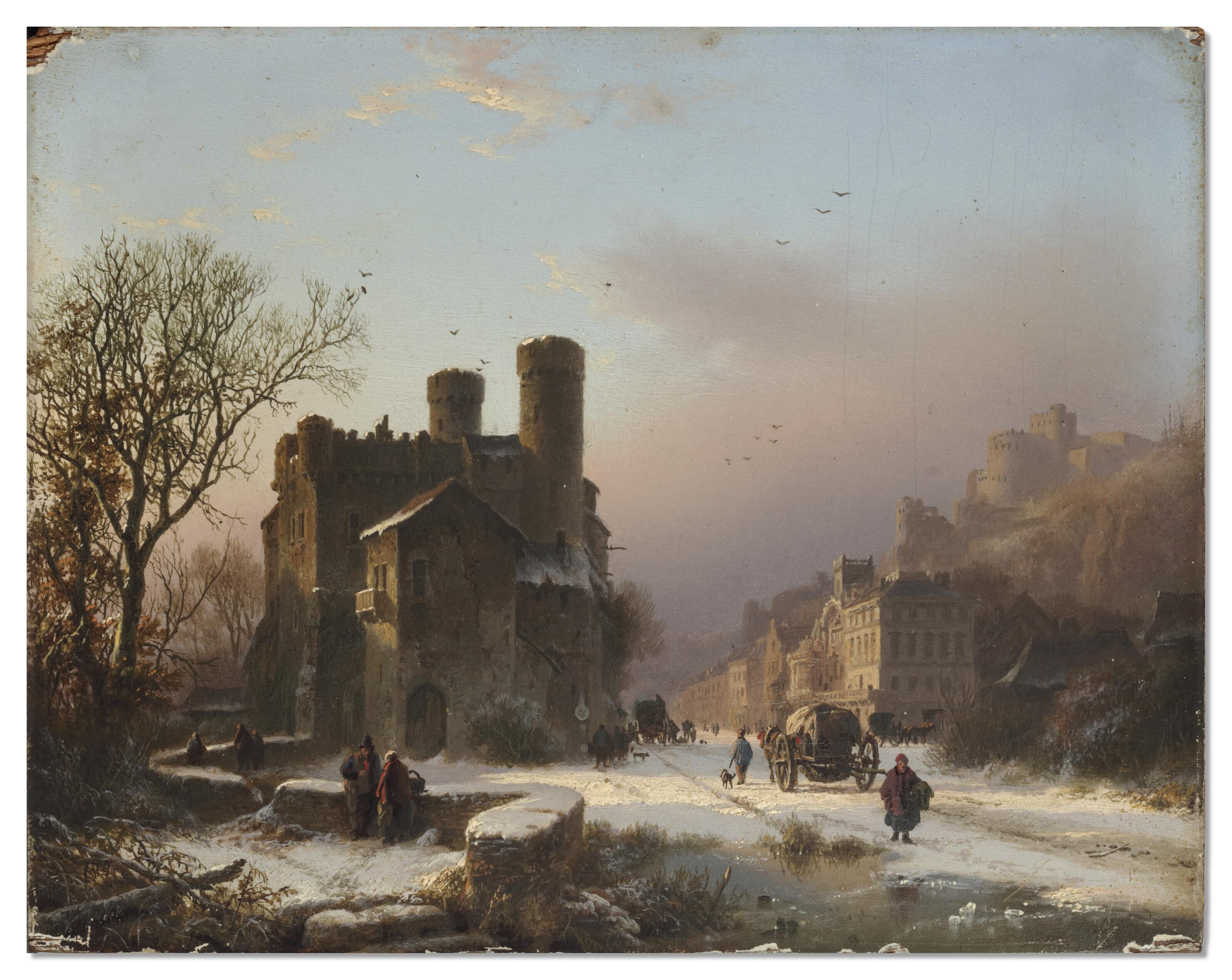 Barend Cornelis Koekkoek - A winter landscape with figures near a village
