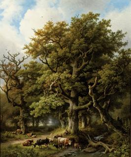Barend Cornelis Koekkoek - A wooded landscape with a herdsman and his cattle resting under an oak tree