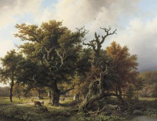 Barend Cornelis Koekkoek - A wooded landscape with an angler and cattle grazing