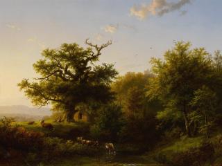 Barend Cornelis Koekkoek - A Wooded Landscape with Grazing Cattle Near a Stream