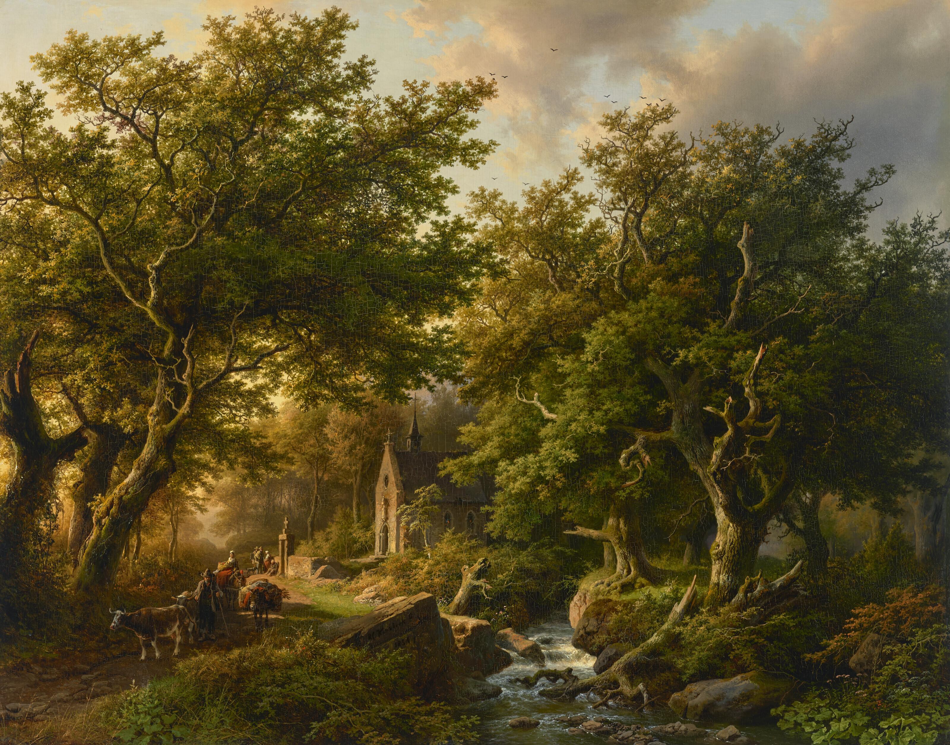 Barend Cornelis Koekkoek - A Wooded Landscape with Travelers Passing a Chapel near a Stream