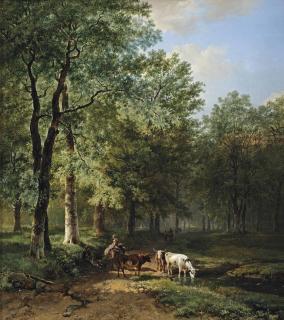 Barend Cornelis Koekkoek - A wooded landscape with travellers resting on a sunlit path