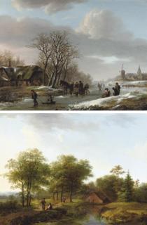 Barend Cornelis Koekkoek - Activities on a frozen waterway in winter; and Figures on a winding path in summer
