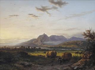 Barend Cornelis Koekkoek - Bergachtig Landschap In Het Karakter Van Den Rhein; Harvest Month In The Rhine-Valley Near Nonnenwerth With A View Of The Siebengebirge, Germany
