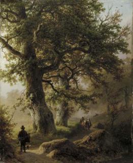 Barend Cornelis Koekkoek - Boschgezigt bij morgenstond: travellers on a forest path
