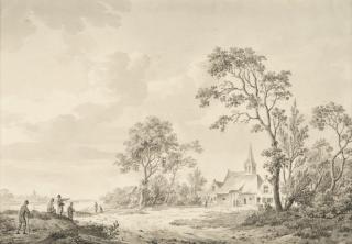 Barend Cornelis Koekkoek - Dorf am einem Fluss mit Figuren