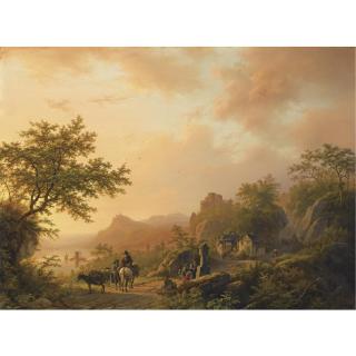 Barend Cornelis Koekkoek - Dutch An Extensive Summer Landscape With Travellers On A Path