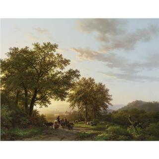 Barend Cornelis Koekkoek - Dutch travellers With Cattle And Donkeys On A Sunlit Path In A Rhenish Panoramic Landscape