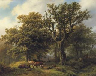 Barend Cornelis Koekkoek - Een Boomrijk landschap met koeiyen, en schapen bij Middagstond: a herdsman and his cattle resting under an oak tree, a ruin in the distance