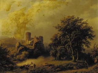 Barend Cornelis Koekkoek - Figures and cattle on a path in wooded landscape with a castle beyond