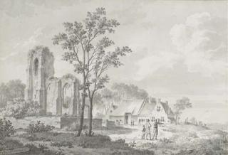 Barend Cornelis Koekkoek - Figures conversing by a farmhouse and a ruin