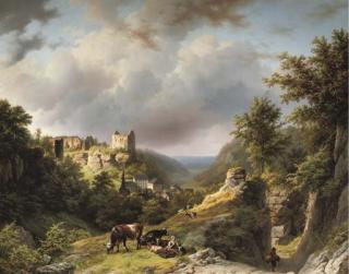 Barend Cornelis Koekkoek - Figures on a mountain pass with the village and the Chateau of Larochette in the distance, Luxembourg