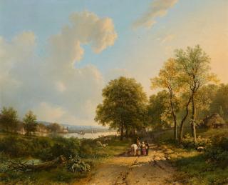 Barend Cornelis Koekkoek - Flusslandschaft mit Reiter und Wanderern