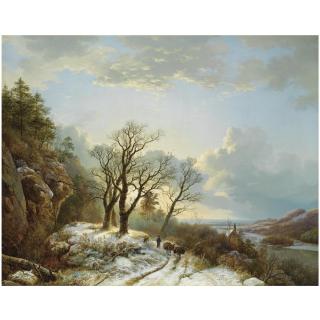 Barend Cornelis Koekkoek - German A Winter Landscape With A Traveller On A Path