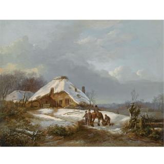 Barend Cornelis Koekkoek - German Figures Near A Farmstead On A Wintry Day