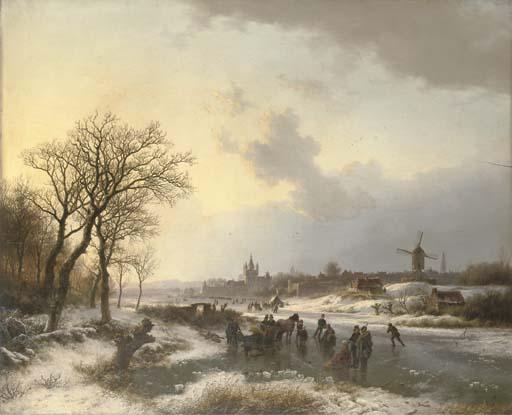 Barend Cornelis Koekkoek - Late afternoon with numerous skaters by a town