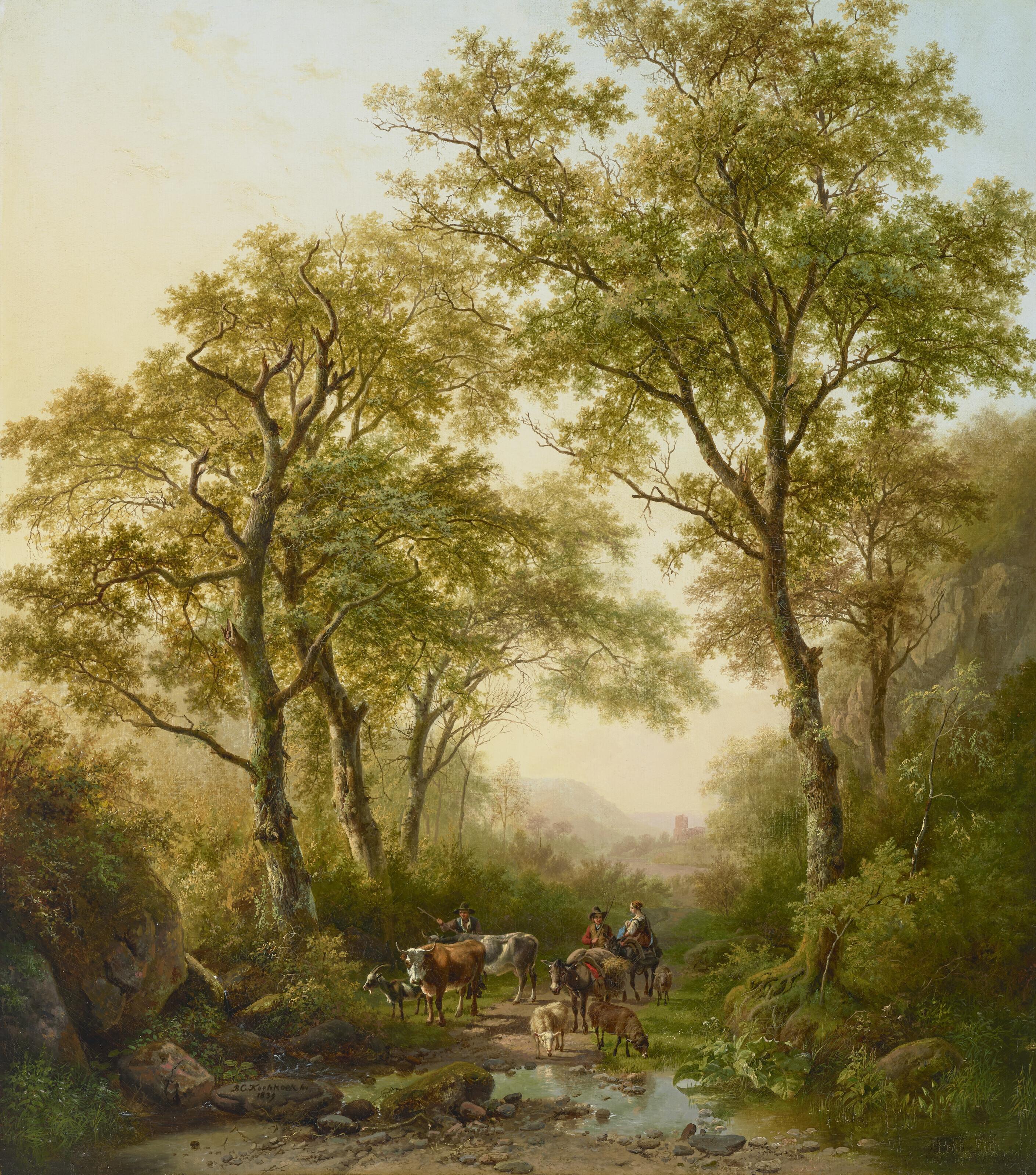Barend Cornelis Koekkoek - Op weg naar de markt: A wooded landscape with travellers on their way to the market