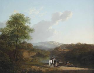 Barend Cornelis Koekkoek - Paysage: a horseman and merchants conversing near a river