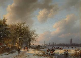Barend Cornelis Koekkoek - Skaters on a waterway with a koek-en-zopie beyond
