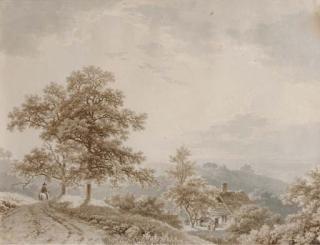 Barend Cornelis Koekkoek - Traveller on horseback in a hilly landscape