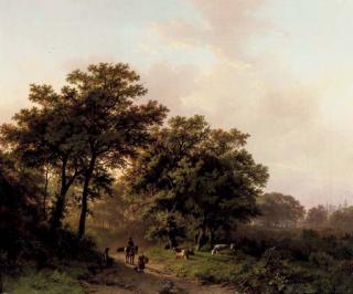 Barend Cornelis Koekkoek - Travellers on a wooded path at sunrise