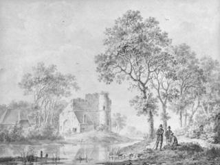 Barend Cornelis Koekkoek - Travellers resting on a riverbank, a ruined fortress in the background
