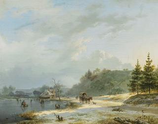 Barend Cornelis Koekkoek - Winterlandschaft mit Pferdekarren und Personen auf dem Eis.