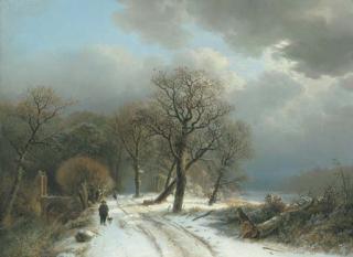 Barend Cornelius Koekkoek - A Figure walking a Dog on a Path in a Winter Landscape