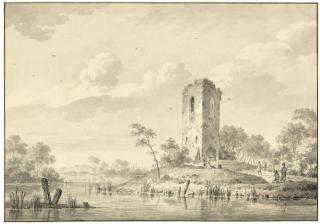 Barend Cornelius Koekkoek - River landscape in Zeeland with a ruined tower