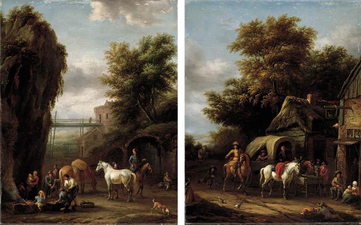Barend Gael - A Rocky Landscape With Travellers At A Forge; And A Wooded Landscape With Horsemen Halting At An Inn