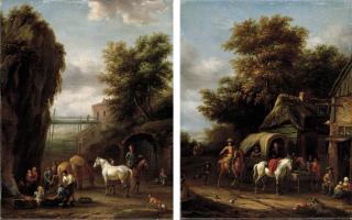 Barend Gael - A Rocky Landscape With Travellers At A Forge; And A Wooded Landscape With Horsemen Halting At An Inn