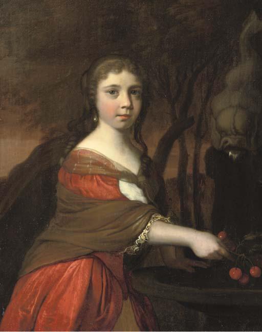 Barend Graat - Portrait of A Girl, Three-Quarter-Length, In A Red Dress And Brown Wrap, Cleaning Cherries In A Fountain