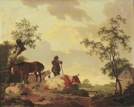 Barend Hendrik Thier - A landscape with a shepherd overlooking a river, a cow, sheep and horses nearby